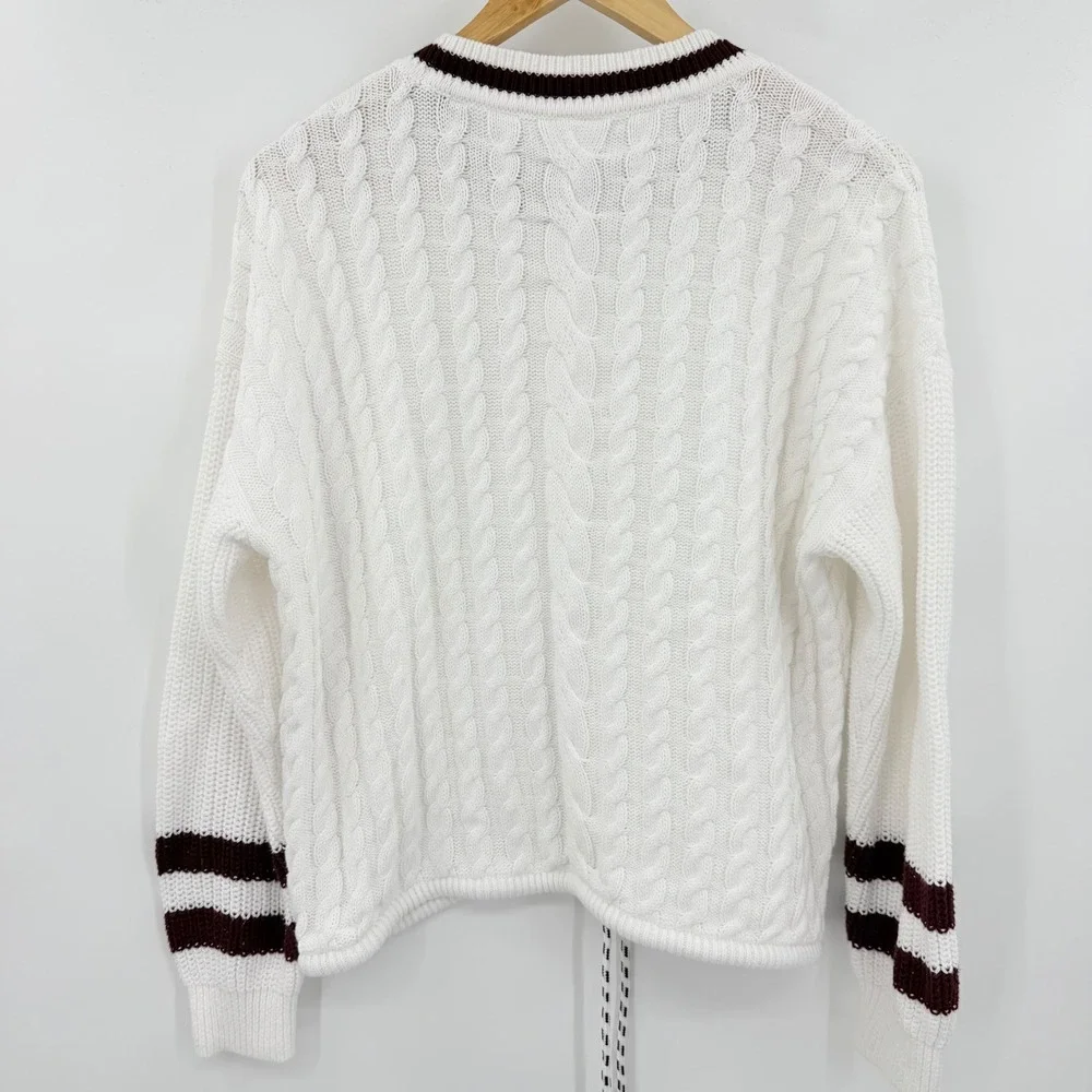 Lou & Grey White Cable Knit Varsity Stripe Cotton Sweater Drawstring Women's LG - Picture 3 of 4